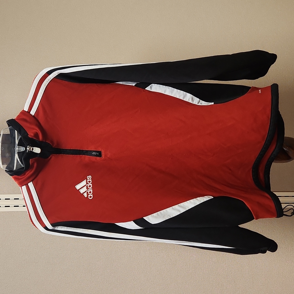 Boys Adidas quarter zip pullover soccer style jacket, size L, red and black